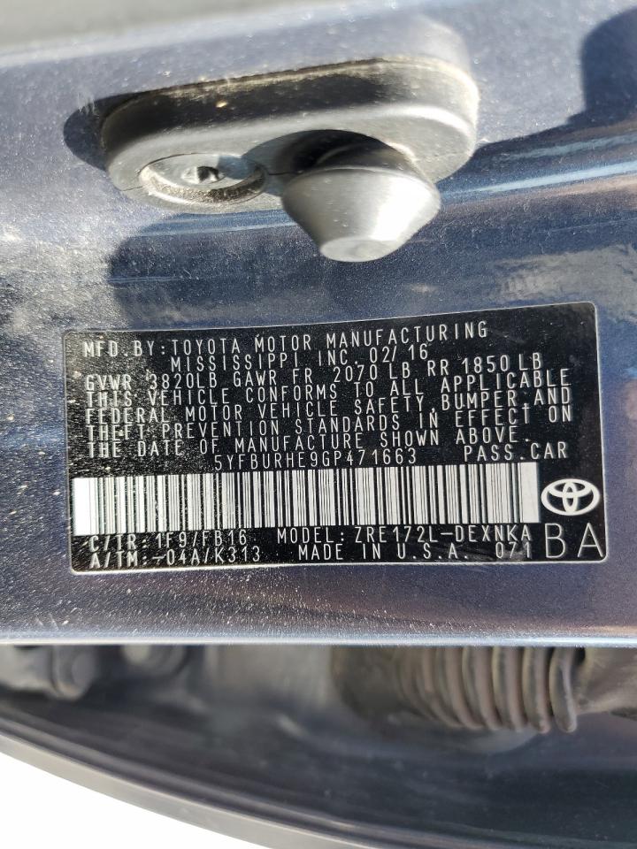 2016 Toyota Corolla L VIN: 5YFBURHE9GP471663 Lot: 80904515