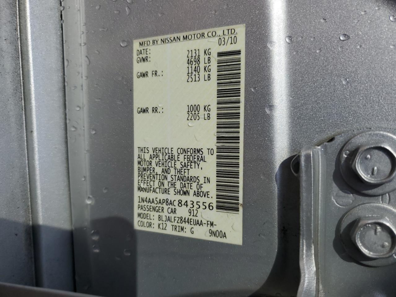 2010 Nissan Maxima S VIN: 1N4AA5AP8AC843556 Lot: 94263155