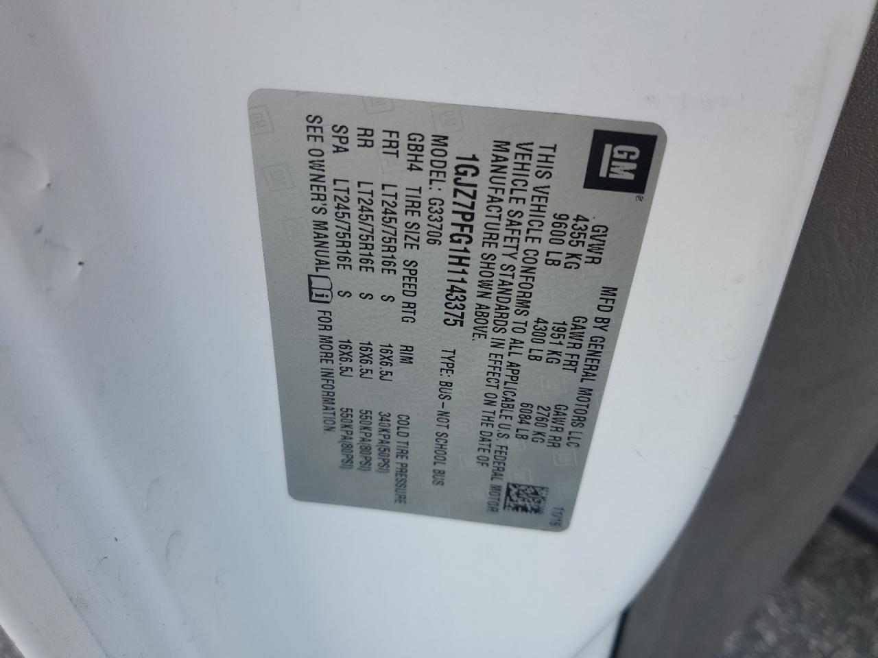 2017 GMC Savana G3500 Lt VIN: 1GJZ7PFG1H1143375 Lot: 84587495