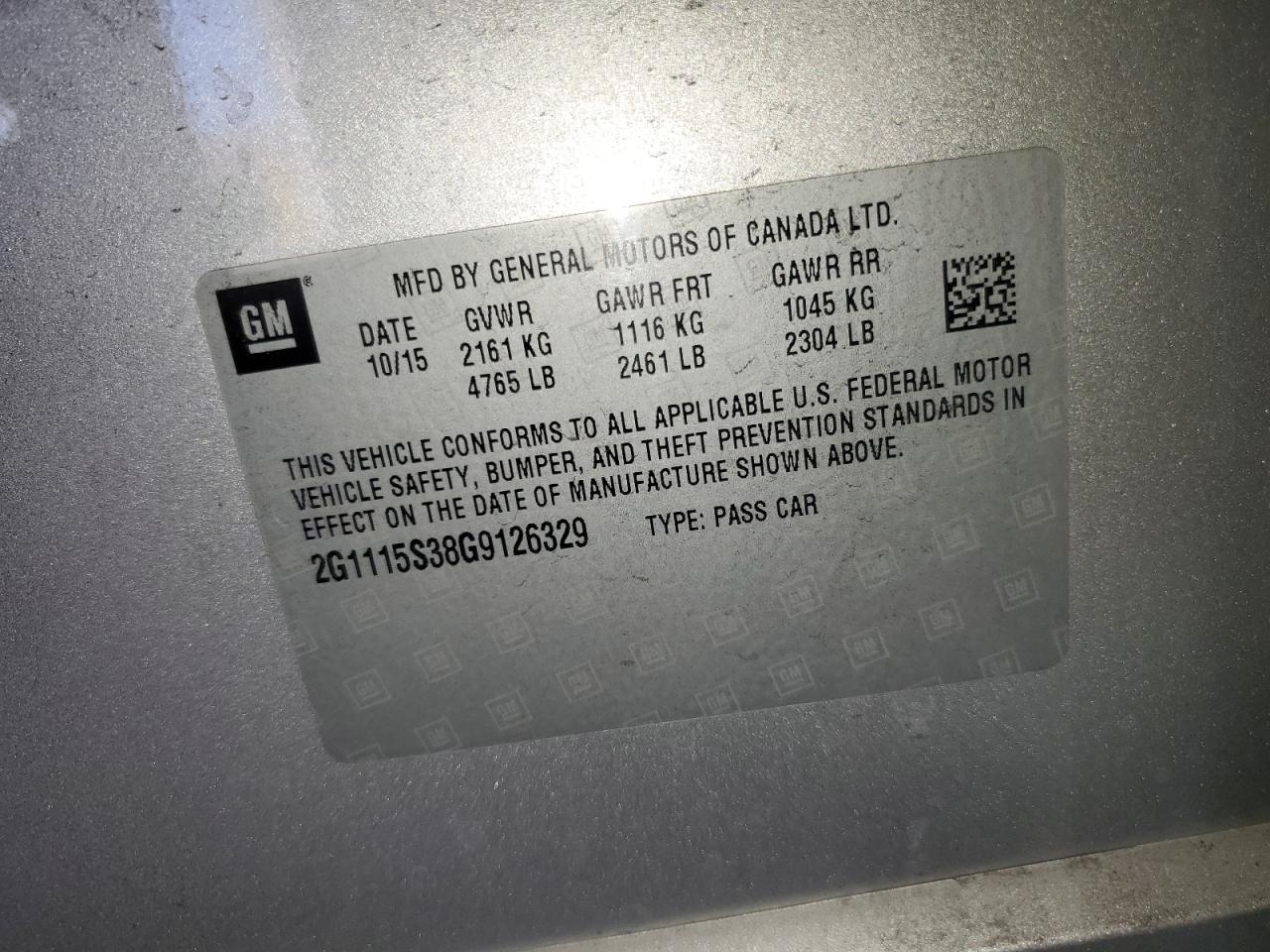 2016 Chevrolet Impala Lt VIN: 2G1115S38G9126329 Lot: 81919325