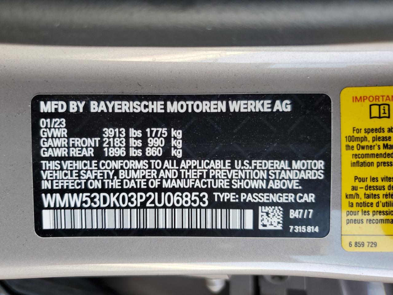 2023 Mini Cooper S VIN: WMW53DK03P2U06853 Lot: 84424755