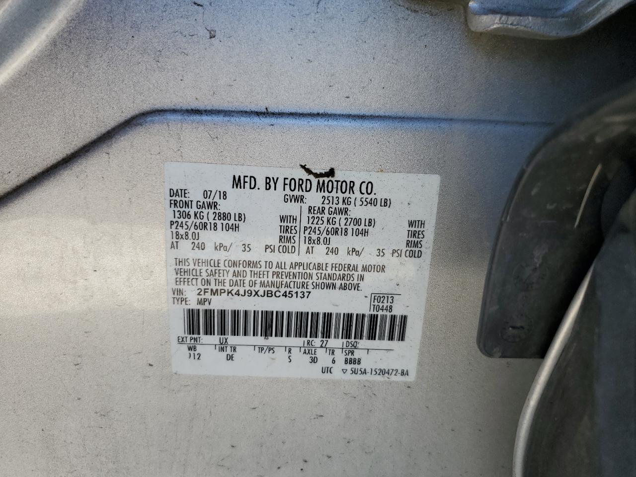 2018 Ford Edge Sel VIN: 2FMPK4J9XJBC45137 Lot: 71269405