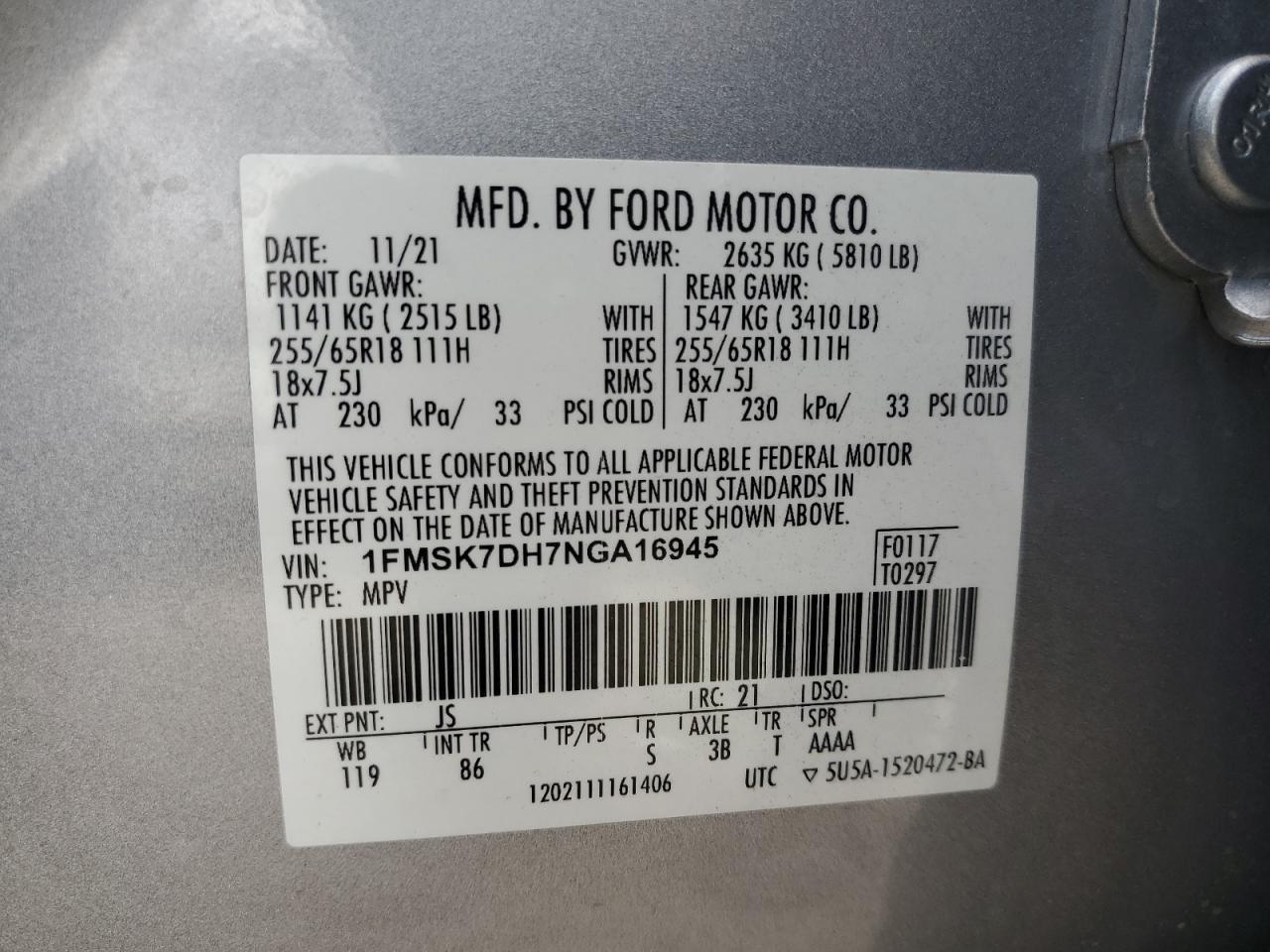 2022 Ford Explorer Xlt VIN: 1FMSK7DH7NGA16945 Lot: 84013195