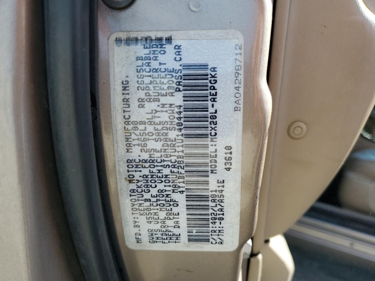 2001 Toyota Avalon Xl VIN: 4T1BF28B11U140444 Lot: 81846185