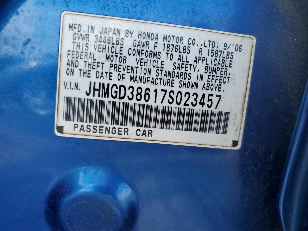 2007 Honda Fit S VIN: JHMGD38617S023457 Lot: 67385785