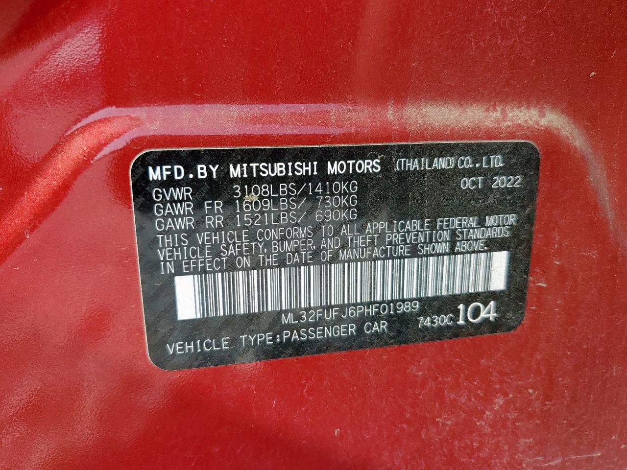 2023 Mitsubishi Mirage G4 Es VIN: ML32FUFJ6PHF01989 Lot: 80294015