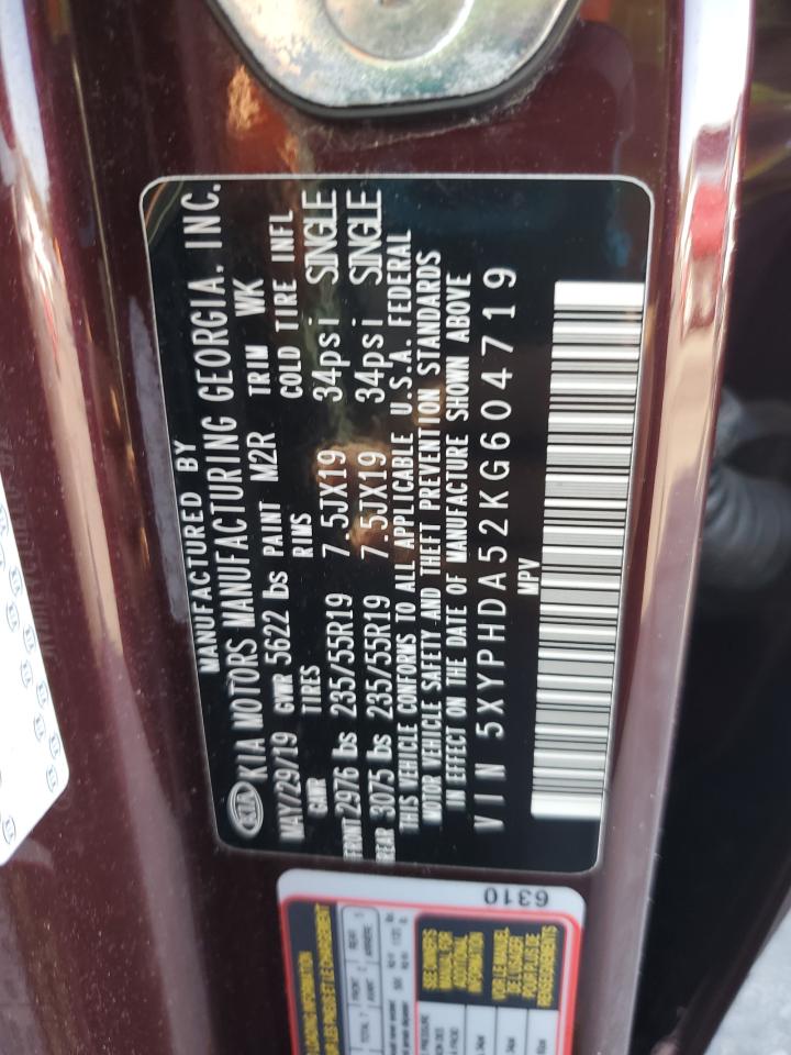 2019 Kia Sorento Ex VIN: 5XYPHDA52KG604719 Lot: 83793435