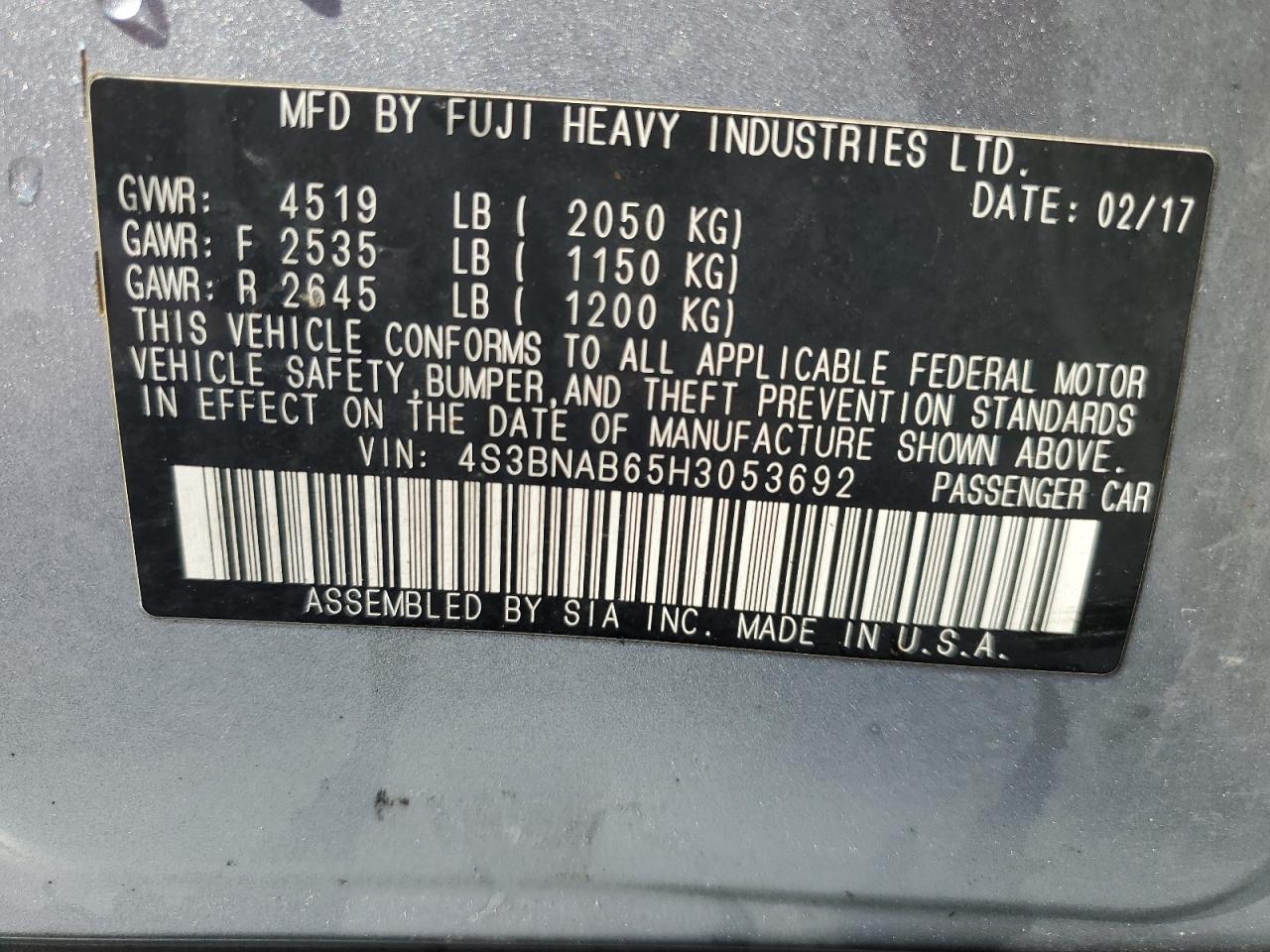 2017 Subaru Legacy 2.5I VIN: 4S3BNAB65H3053692 Lot: 81041335