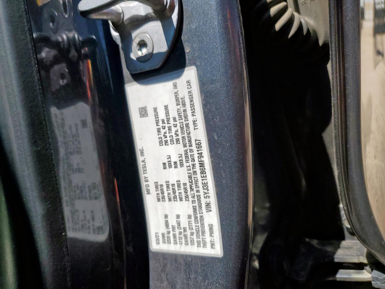 2021 Tesla Model 3 VIN: 5YJ3E1EB6MF941667 Lot: 70573545