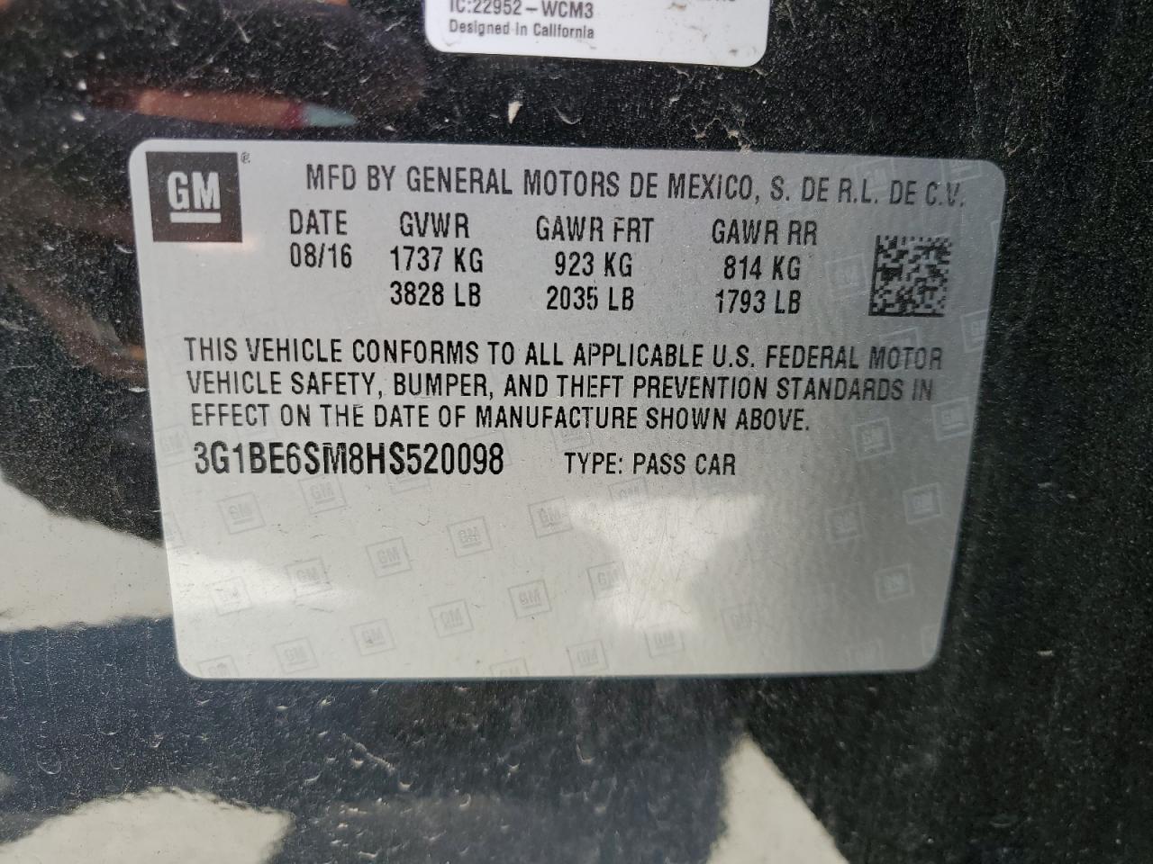 2017 Chevrolet Cruze Lt VIN: 3G1BE6SM8HS520098 Lot: 80851995