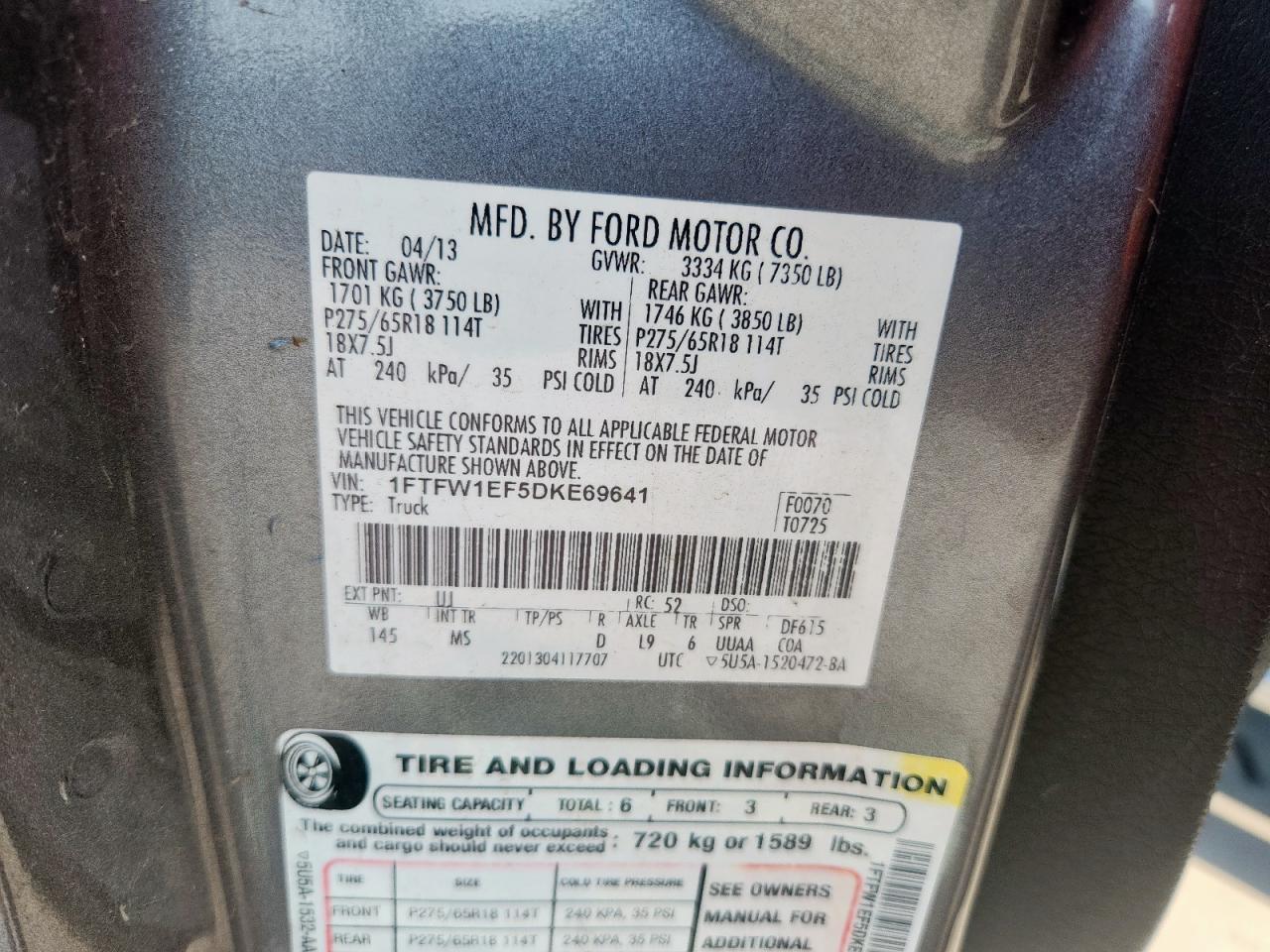 2013 Ford F150 Supercrew VIN: 1FTFW1EF5DKE69641 Lot: 81259615