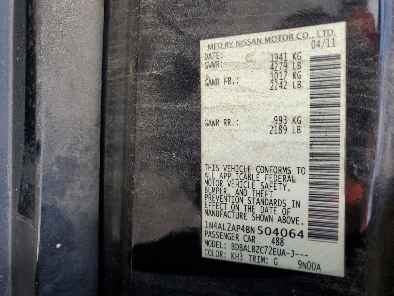2011 Nissan Altima Base VIN: 1N4AL2AP4BN504064 Lot: 80256725