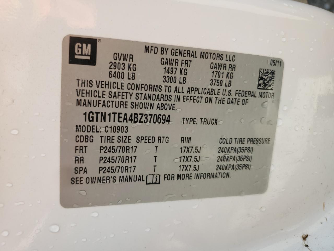 2011 GMC Sierra C1500 VIN: 1GTN1TEA4BZ370694 Lot: 80172485