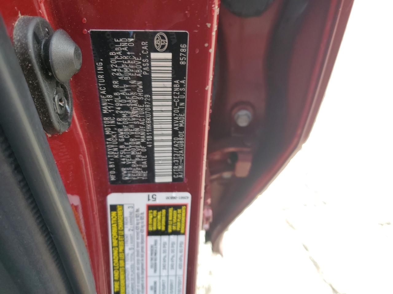 2019 Toyota Camry L VIN: 4T1B11HK6KU708729 Lot: 71628715