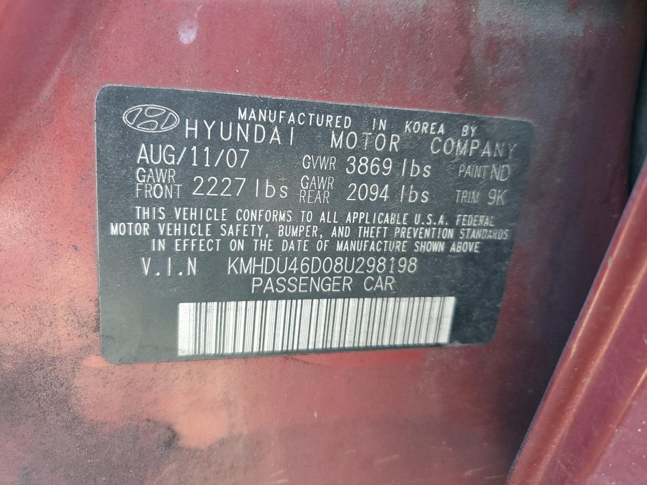 2008 Hyundai Elantra Gls VIN: KMHDU46D08U298198 Lot: 80014815