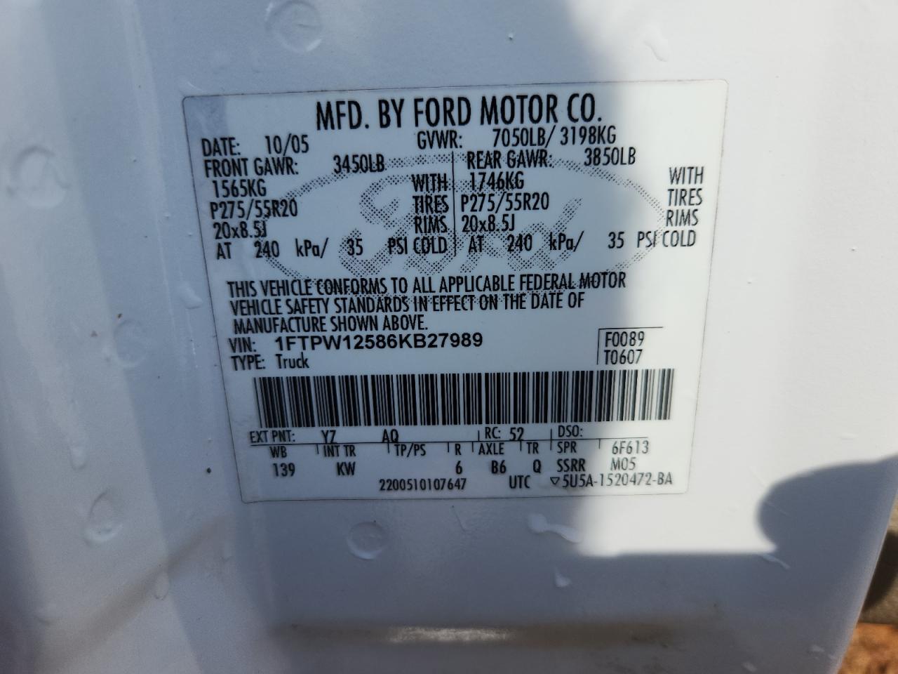 2006 Ford F150 Supercrew VIN: 1FTPW12586KB27989 Lot: 83854355