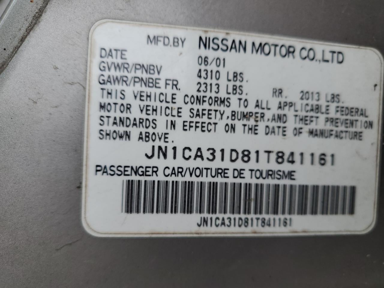 2001 Nissan Maxima Gxe VIN: JN1CA31D81T841161 Lot: 84357855