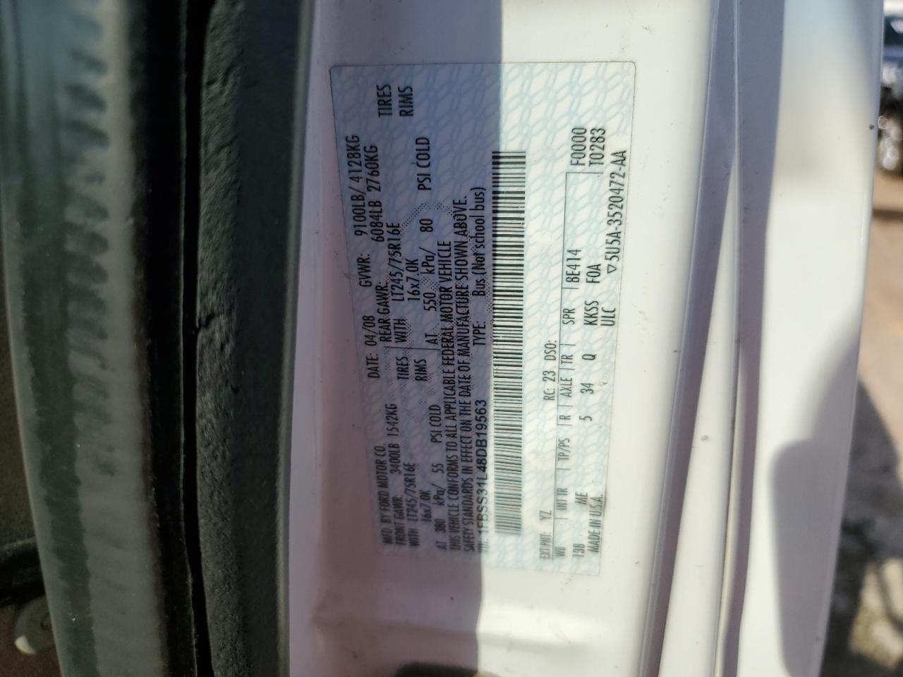 2008 Ford Econoline E350 Super Duty Wagon VIN: 1FBSS31L48DB19563 Lot: 70940095