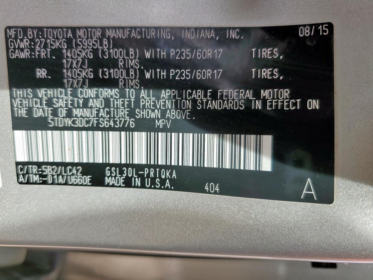 2015 Toyota Sienna Xle VIN: 5TDYK3DC7FS643776 Lot: 83765695