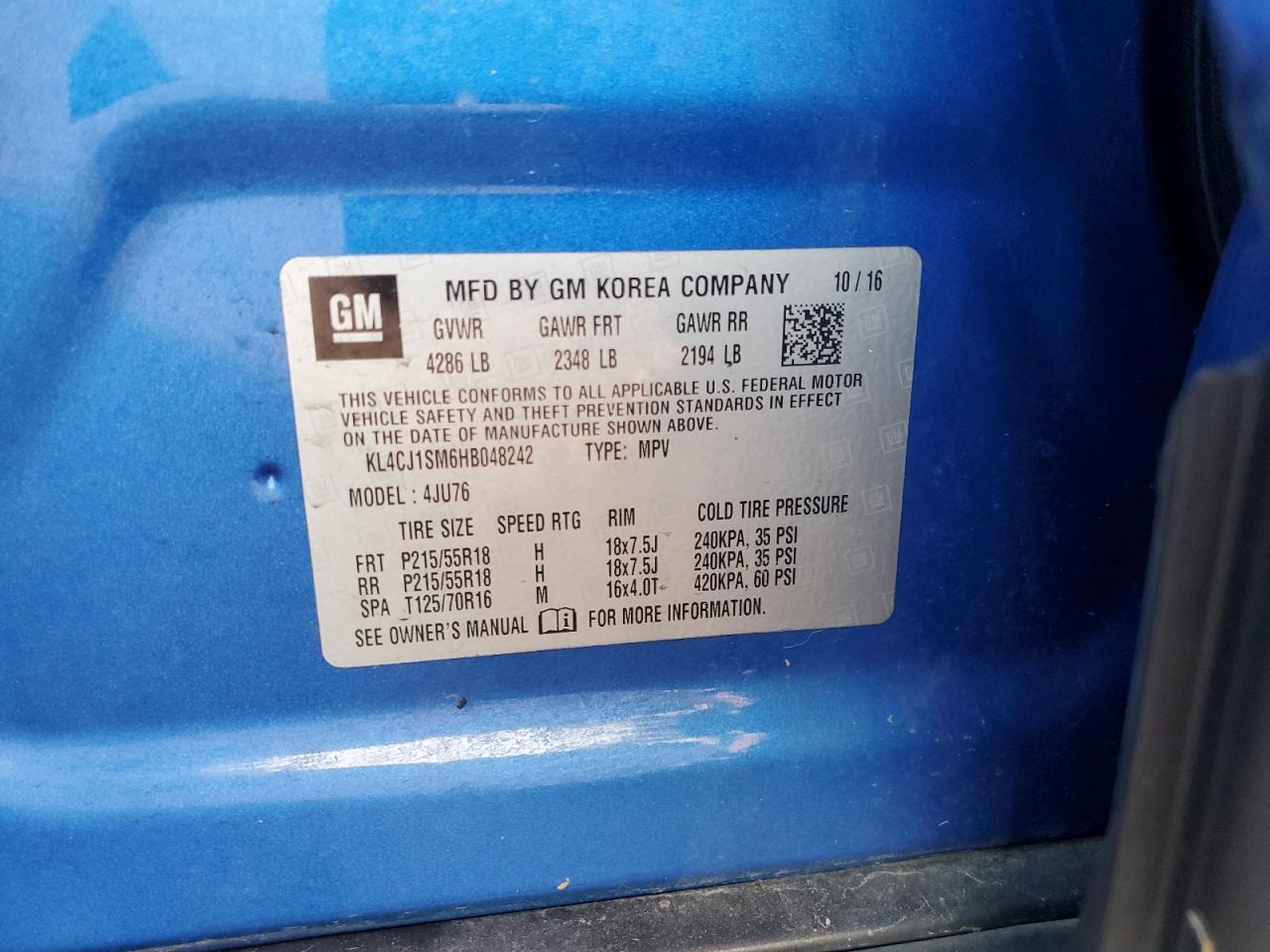 2017 Buick Encore Sport Touring VIN: KL4CJ1SM6HB048242 Lot: 72016175