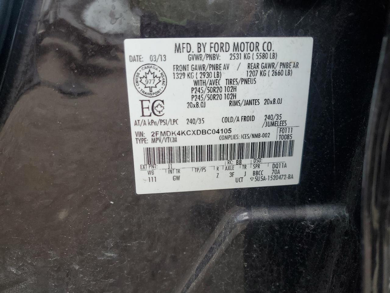 2013 Ford Edge Limited VIN: 2FMDK4KCXDBC04105 Lot: 70367135