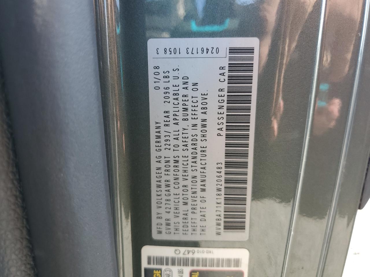 2008 Volkswagen Rabbit VIN: WVWBA71K18W206483 Lot: 70593945