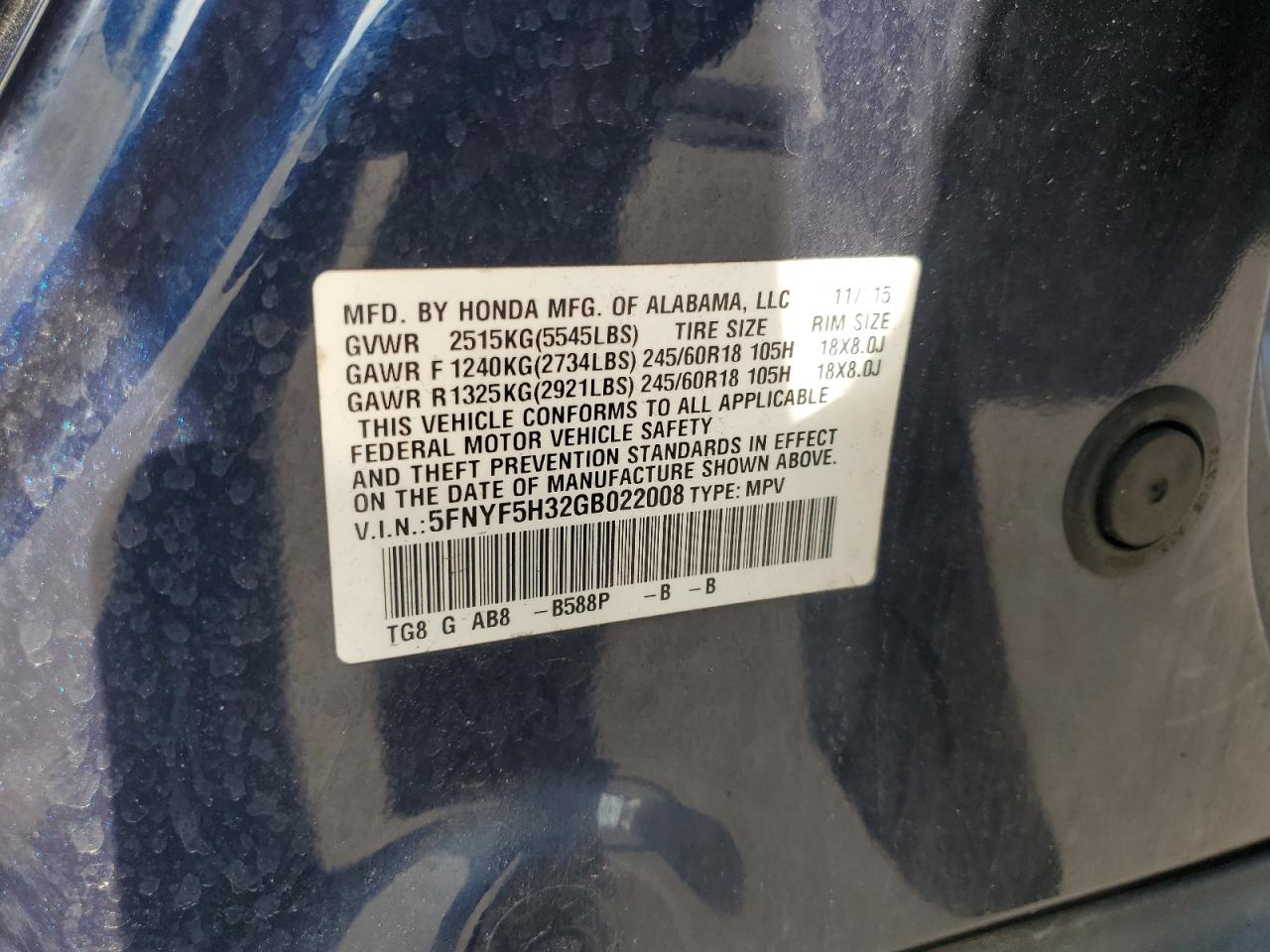 2016 Honda Pilot Ex VIN: 5FNYF5H32GB022008 Lot: 83850165