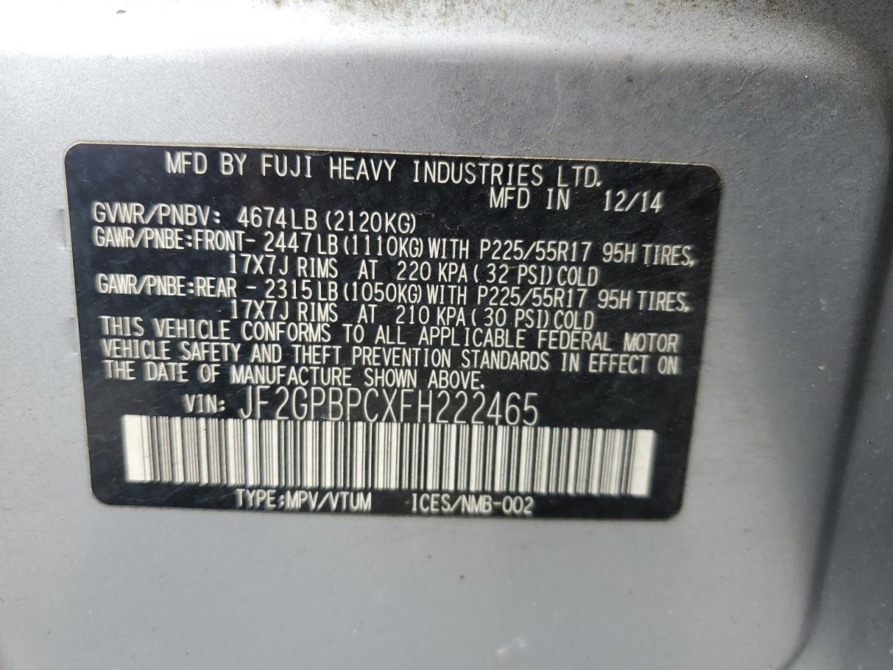 2015 Subaru Xv Crosstrek 2.0I Hybrid Touring VIN: JF2GPBPCXFH222465 Lot: 82145555