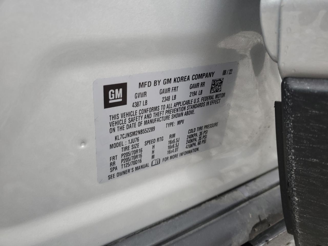 2022 Chevrolet Trax Ls VIN: KL7CJNSM2NB552289 Lot: 81621105