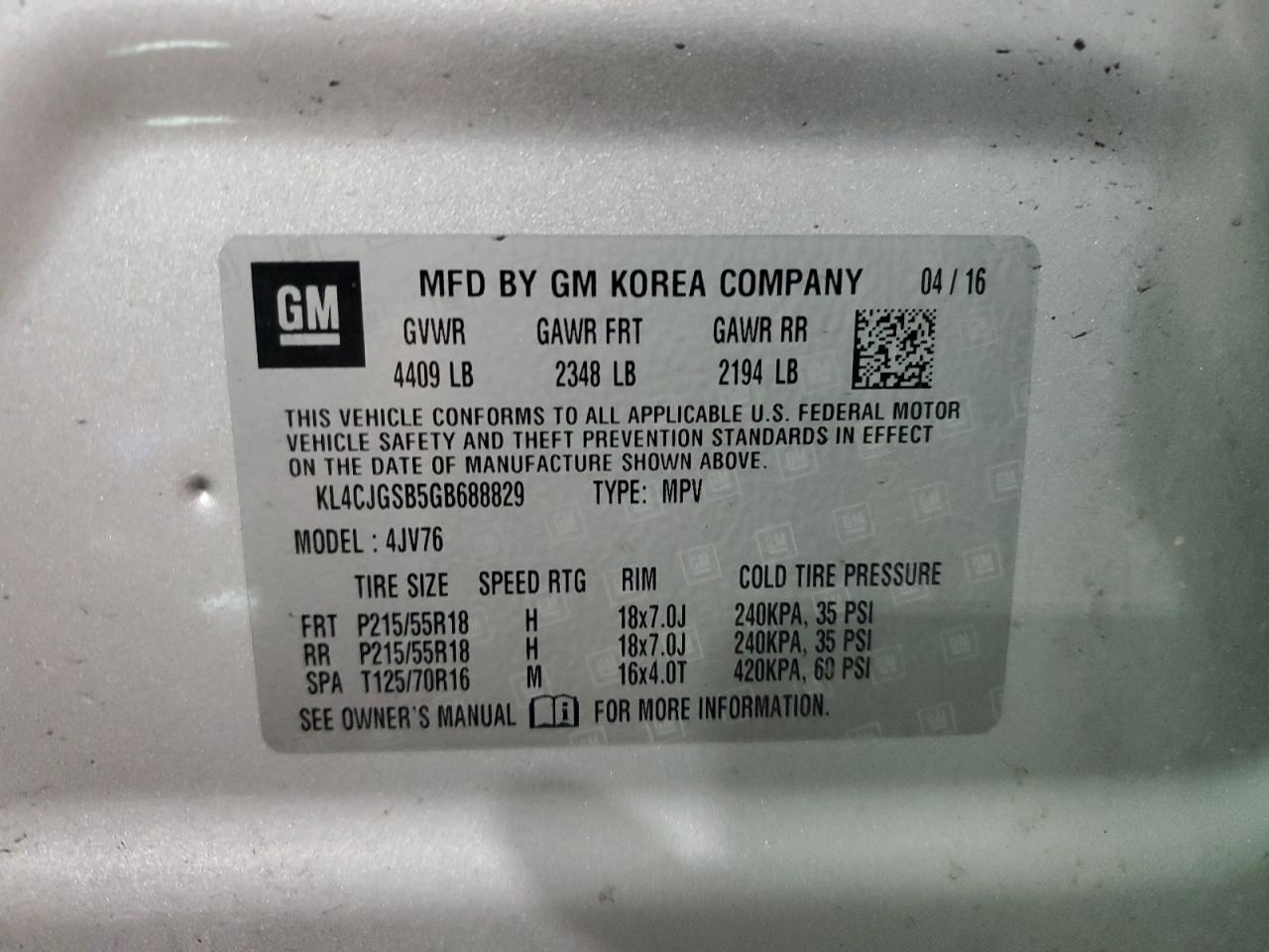 2016 Buick Encore VIN: KL4CJGSB5GB688829 Lot: 80807375