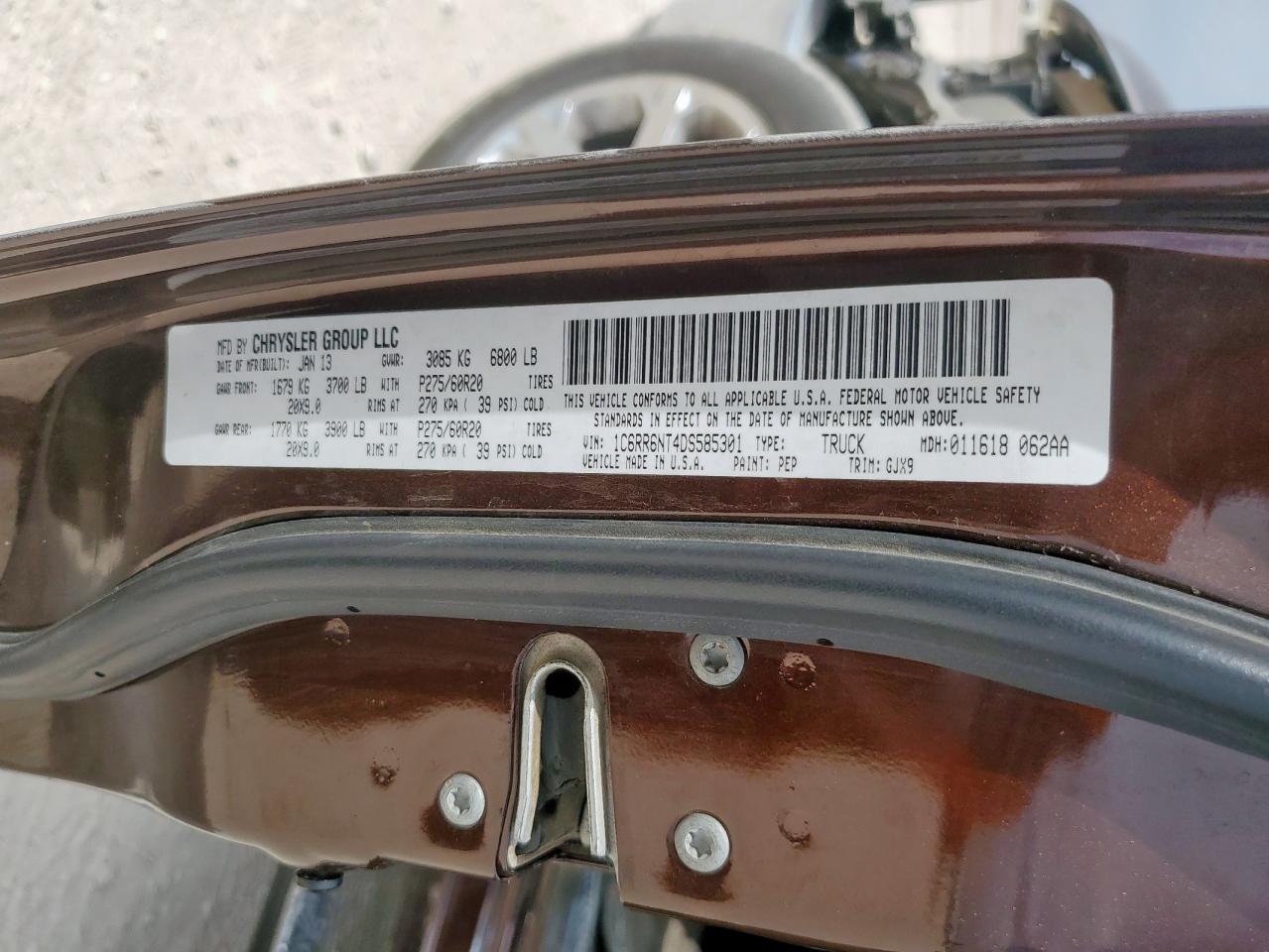 2013 Ram 1500 Laramie VIN: 1C6RR6NT4DS585301 Lot: 84642245