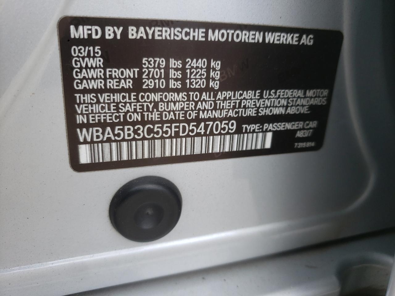 2015 BMW 535 Xi VIN: WBA5B3C55FD547059 Lot: 82085725
