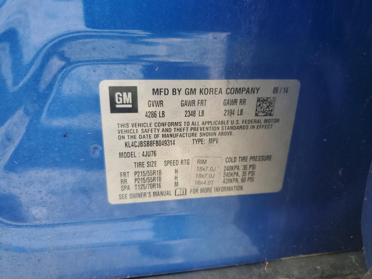 2015 Buick Encore Convenience VIN: KL4CJBSB8FB049314 Lot: 80677335