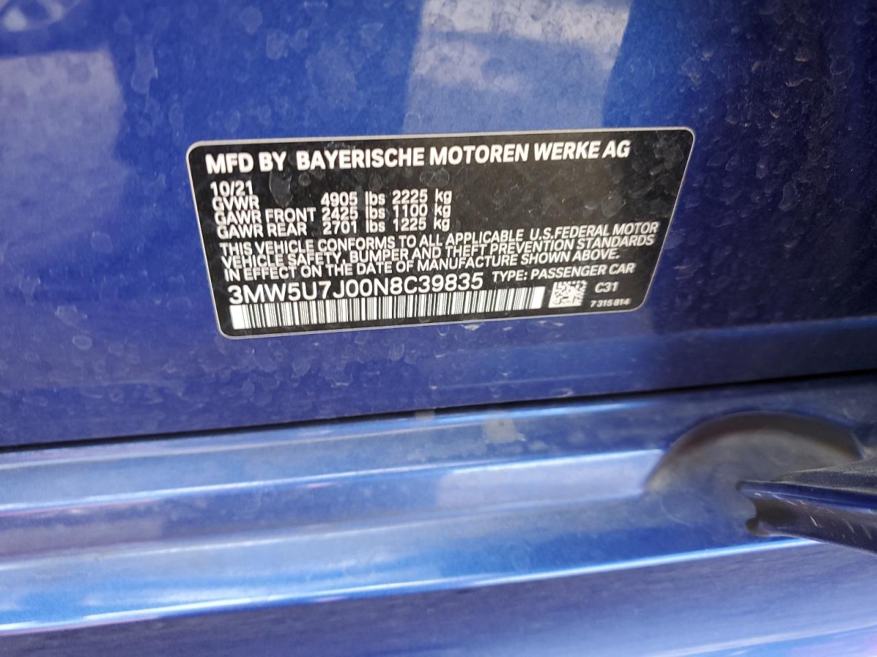 2022 BMW M340I VIN: 3MW5U7J00N8C39835 Lot: 81108255