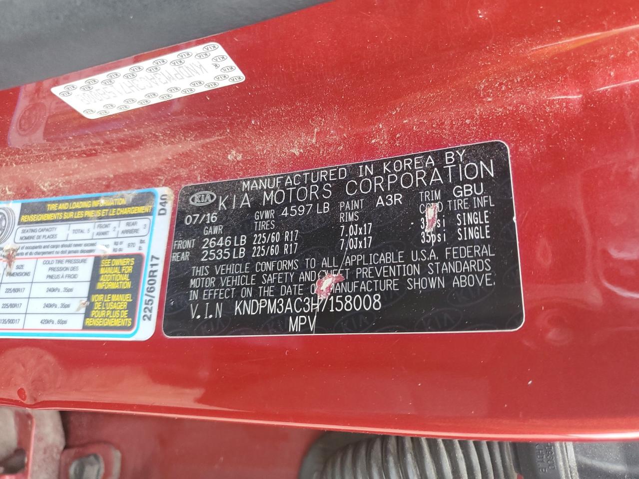 2017 Kia Sportage Lx VIN: KNDPM3AC3H7158008 Lot: 84025125