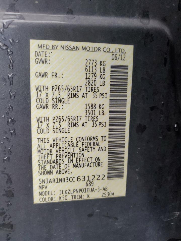 2012 Nissan Pathfinder S VIN: 5N1AR1NB3CC631222 Lot: 81643945