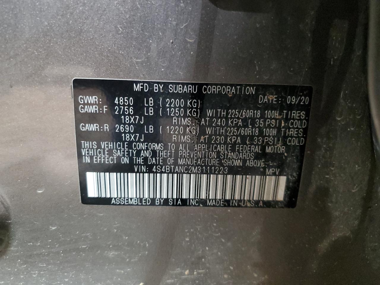 2021 Subaru Outback Limited VIN: 4S4BTANC2M3111223 Lot: 81438585