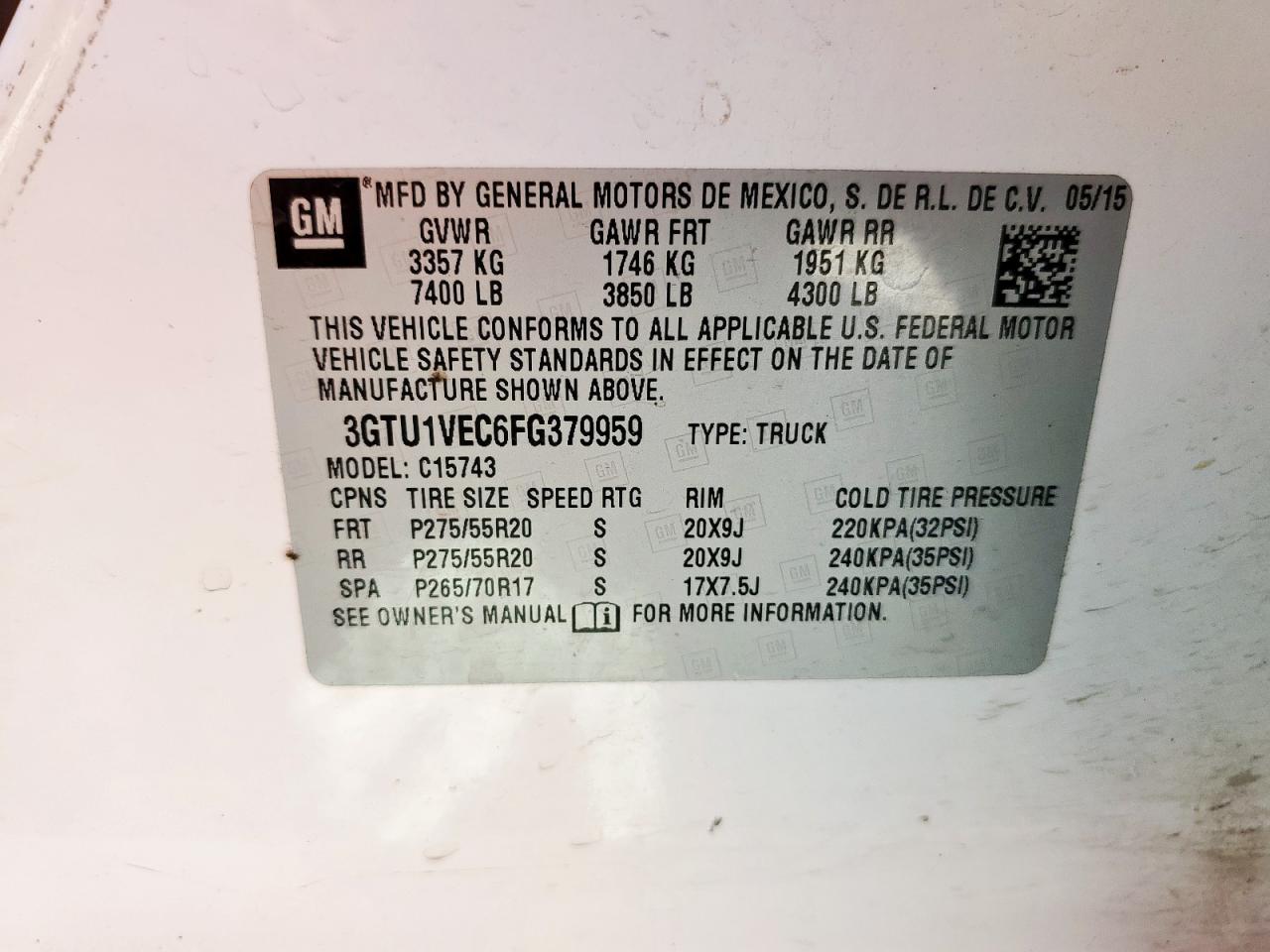 2015 GMC Sierra C1500 Slt VIN: 3GTU1VEC6FG379959 Lot: 71680645