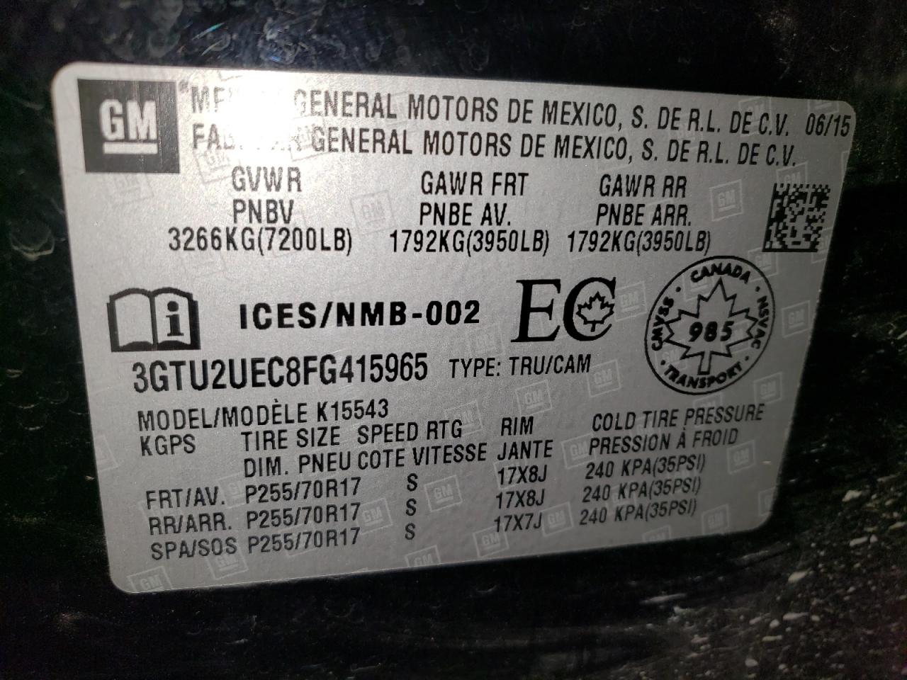 2015 GMC Sierra K1500 Sle VIN: 3GTU2UEC8FG415965 Lot: 81161085