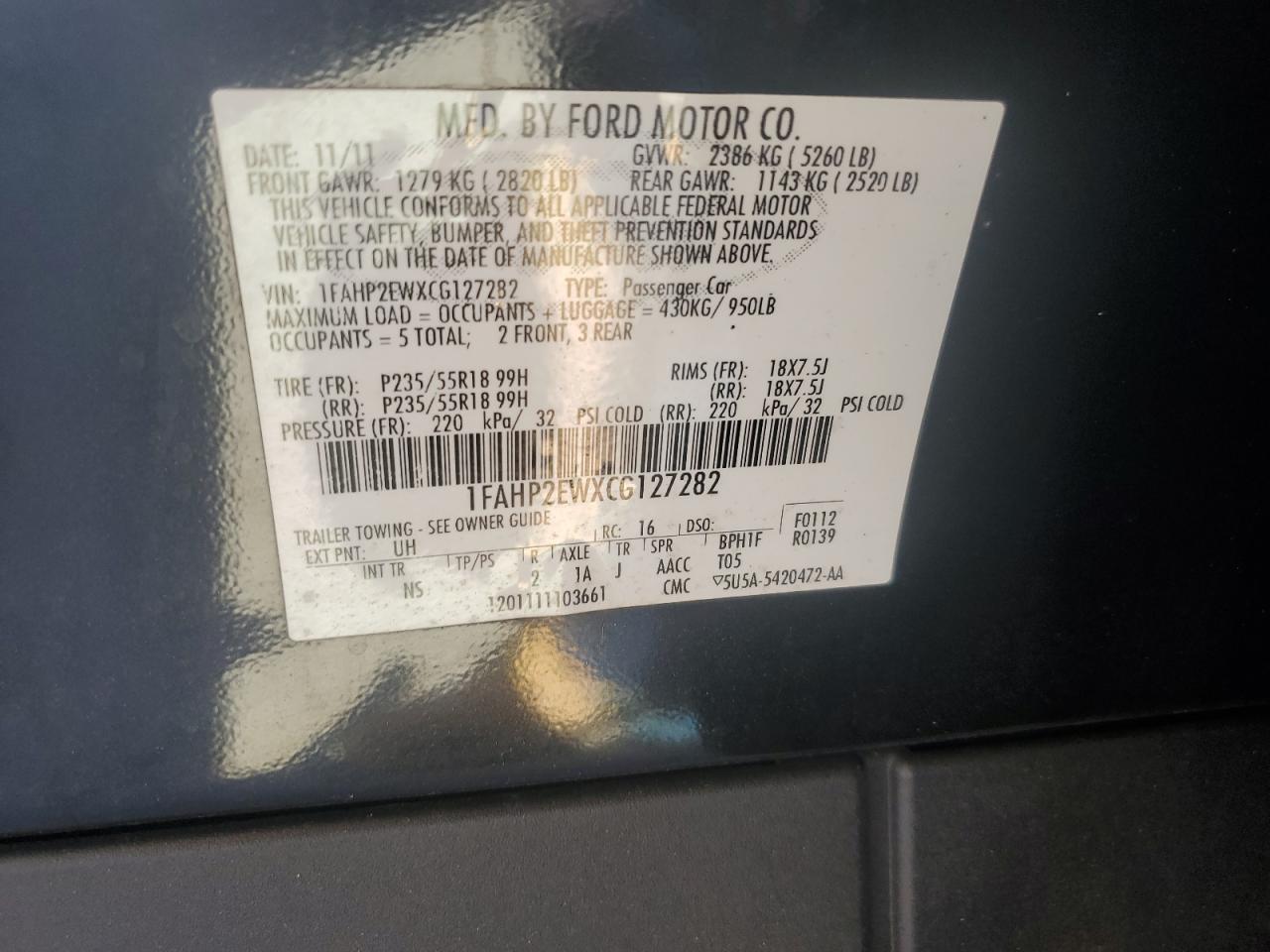 2012 Ford Taurus Sel VIN: 1FAHP2EWXCG127282 Lot: 80408705