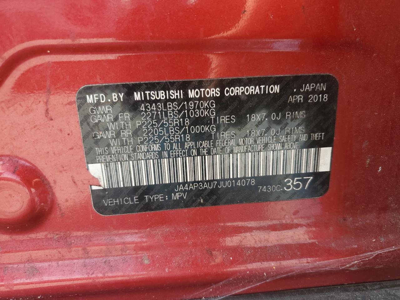 2018 Mitsubishi Outlander Sport Es VIN: JA4AP3AU7JU014078 Lot: 81881515