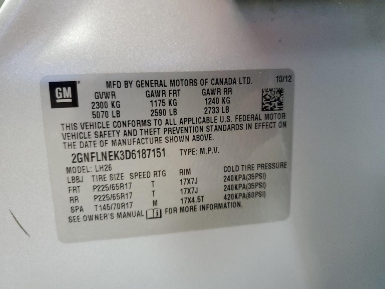 2013 Chevrolet Equinox Lt VIN: 2GNFLNEK3D6187151 Lot: 84364585