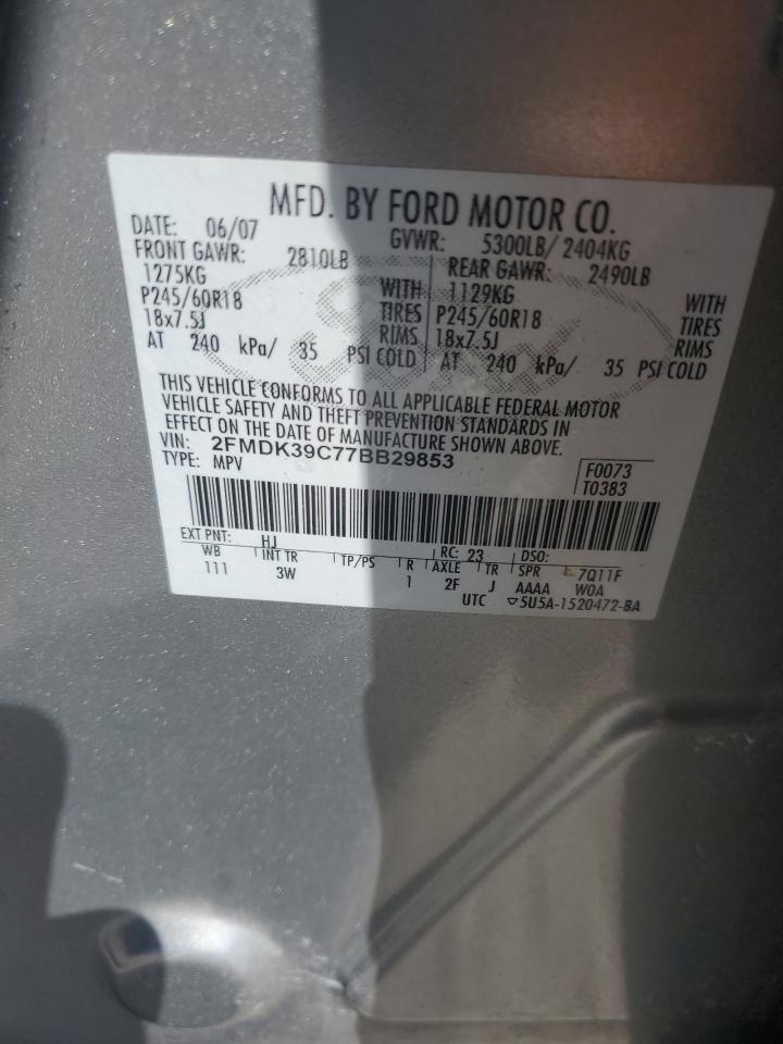 2007 Ford Edge Sel Plus VIN: 2FMDK39C77BB29853 Lot: 81815645