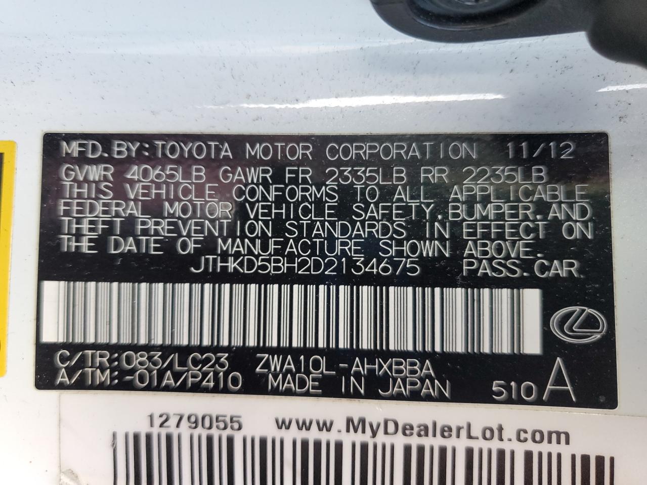 2013 Lexus Ct 200 VIN: JTHKD5BH2D2134675 Lot: 80610195