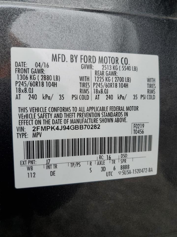 2016 Ford Edge Sel VIN: 2FMPK4J94GBB70282 Lot: 80505925