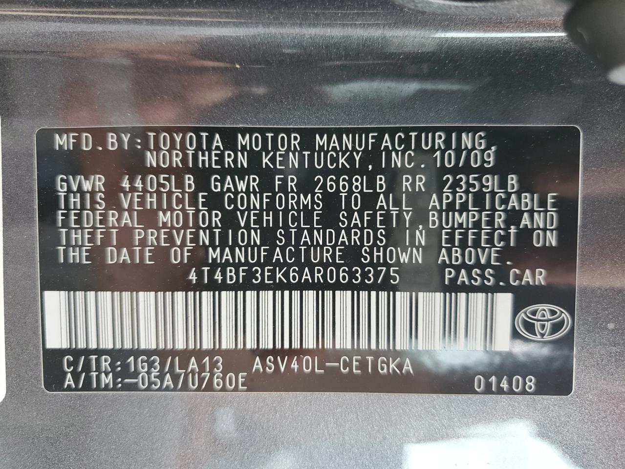 2010 Toyota Camry Base VIN: 4T4BF3EK6AR063375 Lot: 81055045