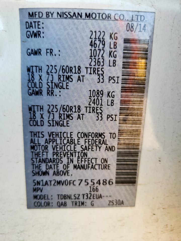 2015 Nissan Rogue S VIN: 5N1AT2MV0FC755486 Lot: 71327835