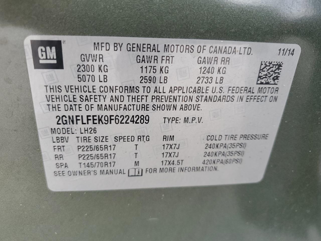 2015 Chevrolet Equinox Lt VIN: 2GNFLFEK9F6224289 Lot: 84014185