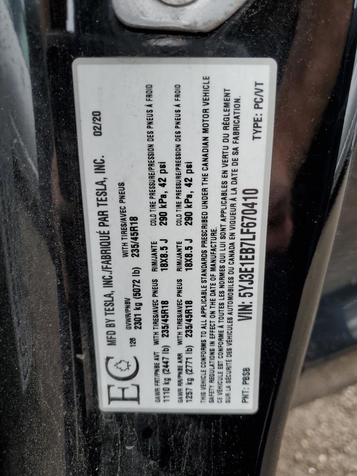 2020 Tesla Model 3 VIN: 5YJ3E1EB7LF670410 Lot: 81323865