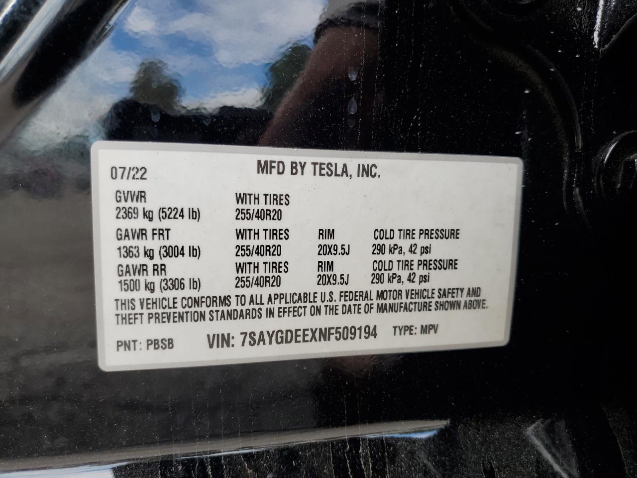 2022 Tesla Model Y VIN: 7SAYGDEEXNF509194 Lot: 81340475